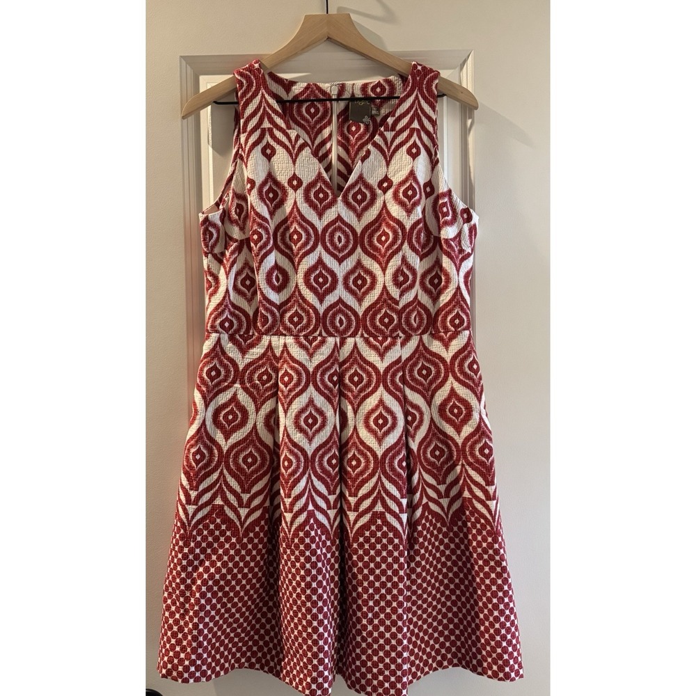 Taylor Sz 12 Red White Cotton Fit Flare Dress Geometric Retro Mod Midi